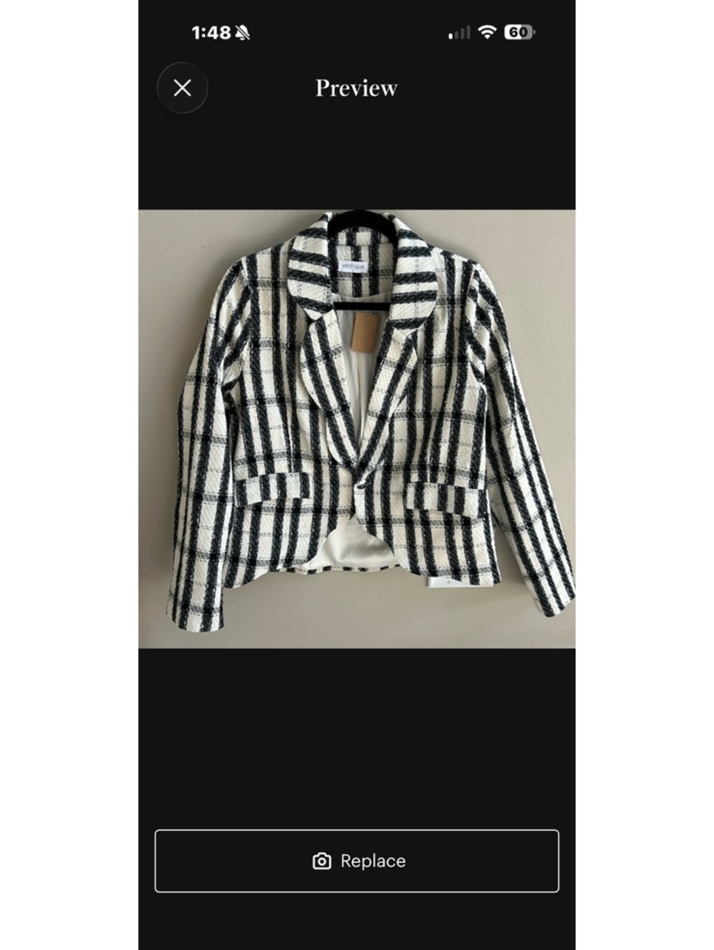 Vestique Becca Blazer Tweed Scallop Plaid Jacket Black Cream Large